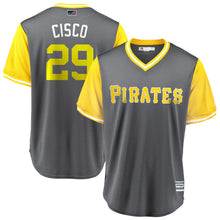 Load image into Gallery viewer, Men's Pittsburgh Pirates Francisco Cervelli "Cisco" Majestic Gray/Yellow 2018 Players' Weekend Cool Base Jersey