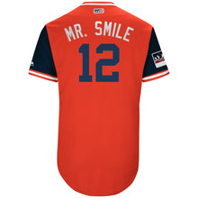 Load image into Gallery viewer, Men's Cleveland Indians Francisco Lindor "Mr. Smile" Majestic Red/Navy 2018 Players' Weekend Authentic Jersey