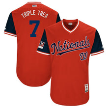 Load image into Gallery viewer, Men's Washington Nationals Trea Turner "Triple Trea" Majestic Red/Navy 2018 Players' Weekend Authentic Jersey