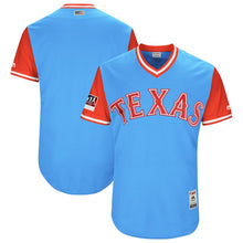 Load image into Gallery viewer, Men's Texas Rangers Majestic Light Blue/Red 2018 Players' Weekend Authentic Team Jersey