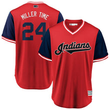 Load image into Gallery viewer, Men's Cleveland Indians Andrew Miller "Miller Time" Majestic Red/Navy 2018 Players' Weekend Cool Base Jersey