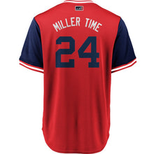 Load image into Gallery viewer, Men's Cleveland Indians Andrew Miller "Miller Time" Majestic Red/Navy 2018 Players' Weekend Cool Base Jersey
