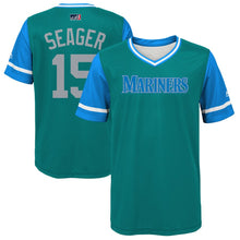 Load image into Gallery viewer, Youth Seattle Mariners Kyle Seager "Seager" Majestic Aqua/Light Blue 2018 Players' Weekend Jersey