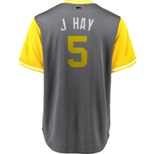Load image into Gallery viewer, Men's Pittsburgh Pirates Josh Harrison "J Hay" Majestic Gray/Yellow 2018 Players' Weekend Cool Base Jersey