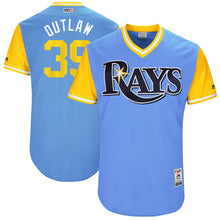 Load image into Gallery viewer, Men's Tampa Bay Rays Kevin Kiermaier "Outlaw" Majestic Light Blue/Yellow 2017 Little League World Series Authentic Players Weekend Classic Jersey