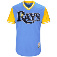 Load image into Gallery viewer, Men's Tampa Bay Rays Kevin Kiermaier "Outlaw" Majestic Light Blue/Yellow 2017 Little League World Series Authentic Players Weekend Classic Jersey