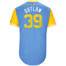 Load image into Gallery viewer, Men's Tampa Bay Rays Kevin Kiermaier "Outlaw" Majestic Light Blue/Yellow 2017 Little League World Series Authentic Players Weekend Classic Jersey