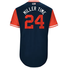 Load image into Gallery viewer, Men's Cleveland Indians Andrew Miller "Miller Time" Majestic Navy 2017 Players Weekend Authentic Jersey
