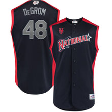 Load image into Gallery viewer, Men's Jacob deGrom National League Majestic Navy/Red 2019 MLB All-Star Game Workout Player Jersey